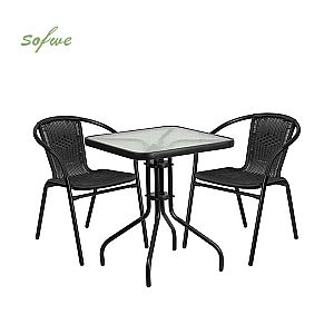 3-teiliges Rattan-Esstisch-Set