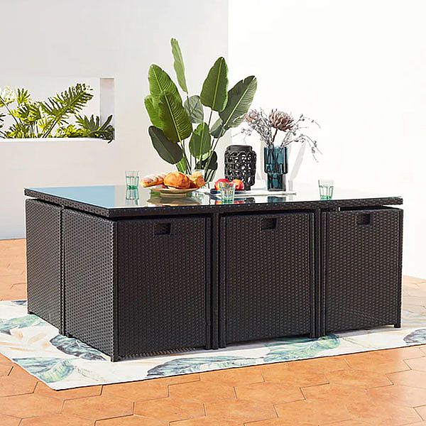 Platzsparender Rattan-Würfel-Esstisch mit sechs Stühlen - 10D01A