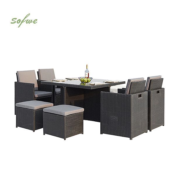 Outdoor Wicker Dining Set mit zwei Ottomanen und vier Sesseln Esstisch - 10D01D