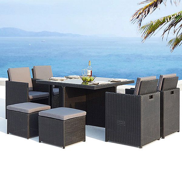 Outdoor Wicker Dining Set mit zwei Ottomanen und vier Sesseln Esstisch - 10D01D