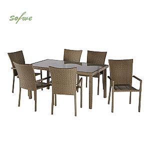 Geflecht Tisch und Stuhl Set mit sechs Stühlen Rattan Sessel