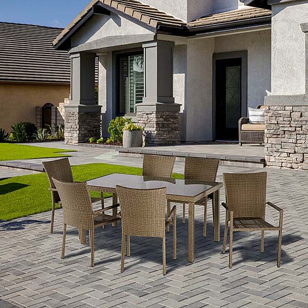 Geflecht Tisch und Stuhl Set mit sechs Stühlen Rattan Sessel - 10D01F