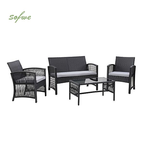4-teiliges Korbmöbel-Sofa aus Rattan mit Schreibtischplatte aus gehärtetem Glas - 10C02C